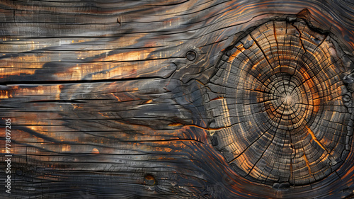 A richly textured close-up of a tree ring pattern, capturing the natural history and beauty of aged wood in warm light.