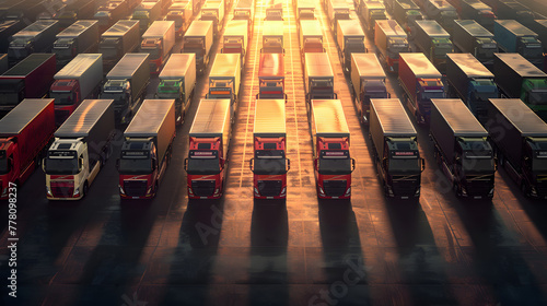A photorealistic photograph of an array of trucks lined up in perfect symmetry