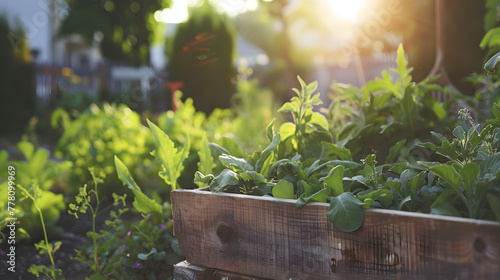 A wooden raised bed filled with vegetables in the backyard of a city garden on a summer evening. The focus is on the greenery on a softly blurred background