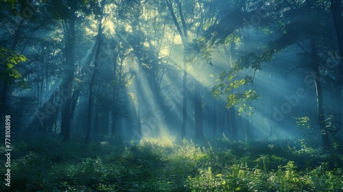 Majestic sunbeams break through the mist, illuminating the lush undergrowth of a tranquil forest.