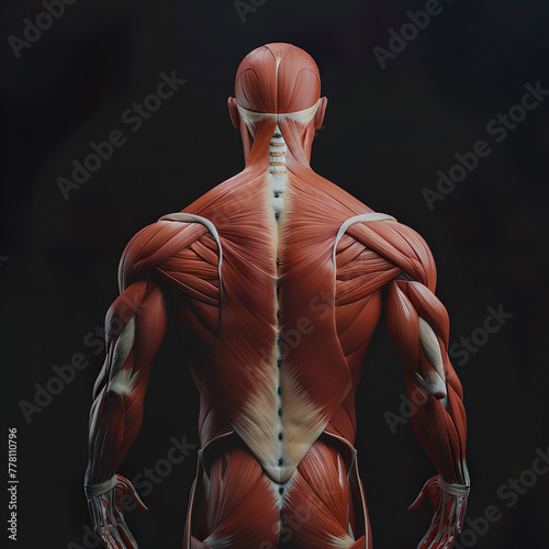 Posterior View of Human Muscular Anatomy from Head to Lower Back 