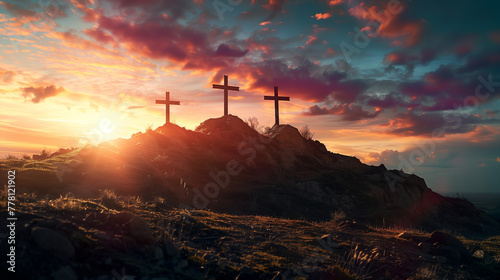 Dramatic scene of Calvary with three crosses on a hill, sunset background, emphasizing the historical and religious significance