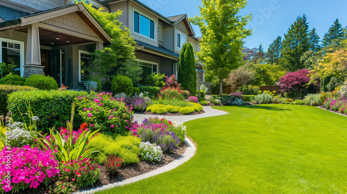 Beautifully landscaped front yard of a suburban home, manicured lawn and flower beds, showcasing a welcoming and tidy residence