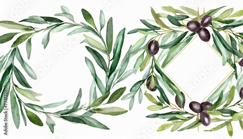 Watercolor set of frames and wreaths of olive branches. Design for invitations, cards, stickers, albums, fabric, home decoration. Holiday decor