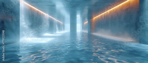a long hallway with water flowing down the side of it and a yellow light at the end of the hallway.