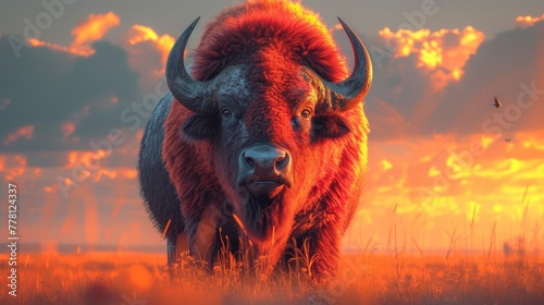 a painting of a bison standing in a field of grass with a sunset in the back ground and clouds in the sky.