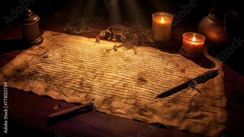 Enigmatic symbols scribed in luminescent ink, hovering over a parchment of darkness.