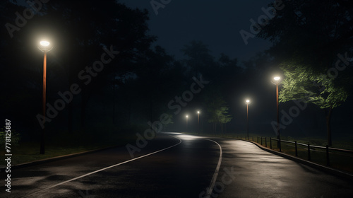 The streets are dark at night and there are no cars. There is a bright light.