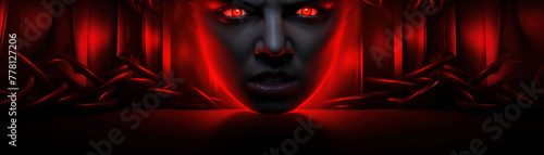 An exaggerated frown on a face under dramatic red stage lighting