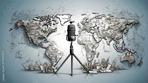 World press freedom day, world map and microphones combined illustration, banner, background