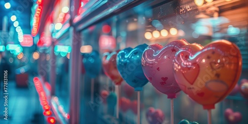 blue, pink rubber hearts and cute teddy within a claw machine