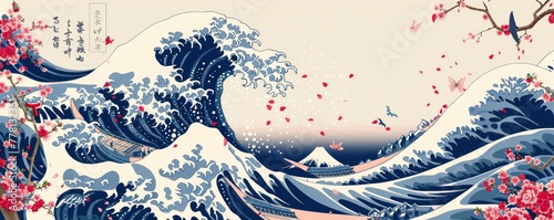 A pattern of the great wave with cherry blossoms of traditional Japanese culture
