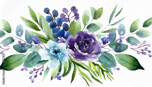 Watercolor floral bouquet - illustration with violet purple blue flowers, green leaves, for wedding stationary, greetings, wallpapers, fashion, backgrounds, textures, prints