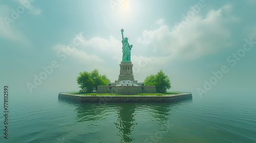 View of the Statue of Liberty on Liberty Island. The colossal neoclassical Statue of Liberty looks out at the New York harbor from Liberty Island.