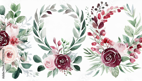 Watercolor floral wreath border bouquet frame collection set green leaves burgundy maroon scarlet pink peach blush white flowers leaf branches. Wedding invitations stationery wallpapers fashion prints