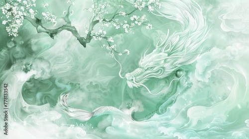 Winter jasmine decoration, traditional Chinese dragon, light green water, and light green sleeping dragon