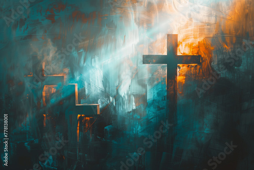 Artistic interpretation of Calvary, abstract and symbolic, with crosses and ethereal light. Abstract painting with crosses, warm hues, spiritual and religious art, with copy space 