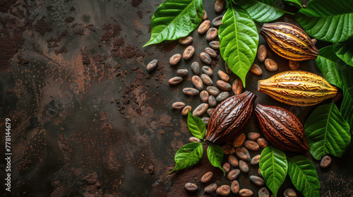ripe fruits, cocoa grains and leaves on a dark background, top view, copy space