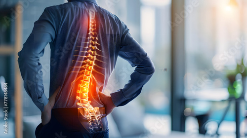 Illustration of a person with inflammation in the spine and sciatic nerve, discomfort inflammation sciatica therapy rehabilitation