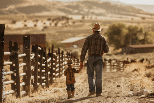 A father in a cowboy hat and plaid shirt walks hand in hand with his young son on a dusty farm road