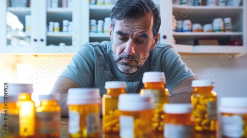 Stressed man surrounded by many prescription medicine bottles and pills at home.