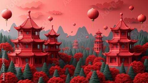 a group of red pagodas with red trees in the foreground and a pink sky in the back ground.