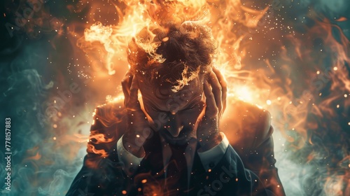 Close-up of a stressed businessman clutching his head, flames and smoke emanating from his mind, representing pressure Intense, metaphorical.