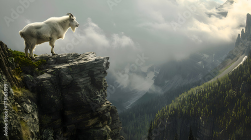 Solitary mountain goat perched on a steep cliffside, surveying the vast valley below