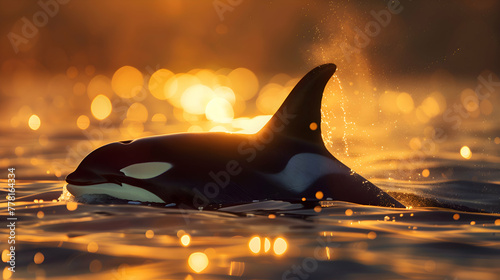 Sunlight dancing upon the dorsal fin of an orca, set against a serene backdrop of blurred aquatic hues