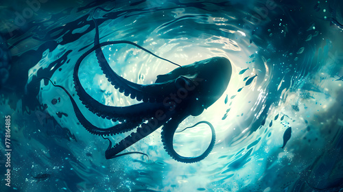 The majestic silhouette of a giant squid, its otherworldly presence captured against a backdrop of swirling currents and distant marine life, offering ample room for creative overlays
