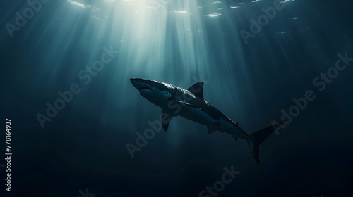 The ominous silhouette of a great white shark lurking in the shadows, its sleek form blending seamlessly into the depths of the ocean, with copy space above for added drama