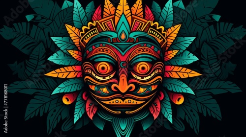 A mandala featuring a tribal mask and vibrant colors