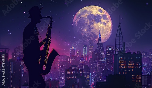 Silhouette of a person playing the saxophone against a city night skyline and a large moon. The concept of music and urban nightlife.