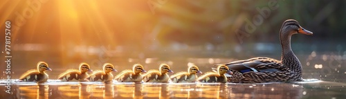 A serene pond at sunrise, with a row of ducklings following their mother in perfect formation