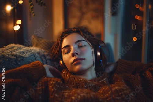 Young woman enjoying music in cozy home corner, high-quality canon eos 5d mark iv photo