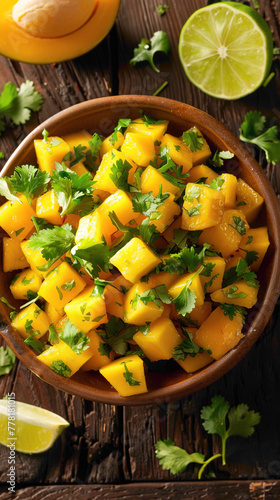 A bowl of vibrant mango salsa garnished with cilantro and lime wedges