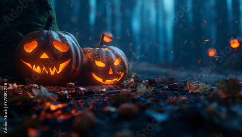 There are a lot of pumpkins in the forest for Halloween. They create an atmosphere of a mysterious holiday among the trees, give the forest a mystery