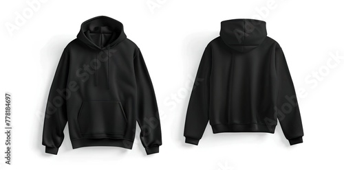 Empty black premium hoodie front and back mockup designed for brand mockups and pod print on white background.