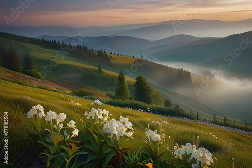 Blooming white flowers in Carpathians. Foggy summer scene of mountain valley. Colorful morning view of Borzhava ridge, Transcarpathians, Ukraine, Europe. Beauty of nature Generative AI