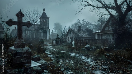 Cursed Graveyard and Abandoned Gothic Church in Misty and Eerie Landscape