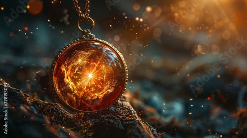 Luminous Amulet, Mystical Artifact, originating from an ancient realm, pulsating with energy, revealing portals to hidden dimensions, photography, Golden Hour lighting, Lens Flare effect