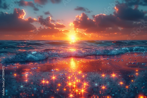 Twilight over a sea where the water glows with the light of thousands of stars beneath the surface compact