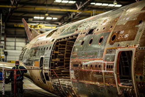 A worker inspecting the fuselage of a large jetliner inside a hangar