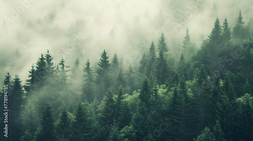 Misty landscape with fir forest in vintage retro style 