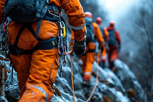 A search and rescue team rappelling down a cliff to reach an injured climber