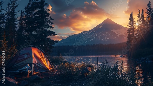 tourist tent camping in mountains at sunset