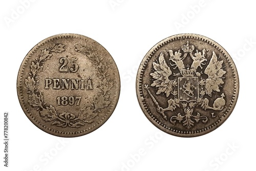 25 Pennia 1897 with crown on white background. Coin of Finland. Obverse Crowned imperial double eagle holding scepter and orb. Reverse Denomination above date within wreath