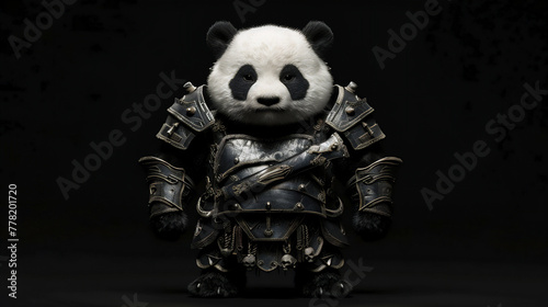 panda wearing a knight outfit from china on a black background.