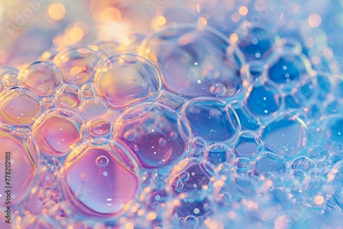 Close-up view of colorful, iridescent soap bubbles with glistening highlights, embodying concepts of delicacy and ephemeral beauty.