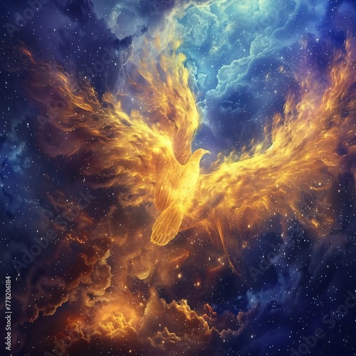 Phoenix rising from a supernova its wings spreading new constellations across the sky